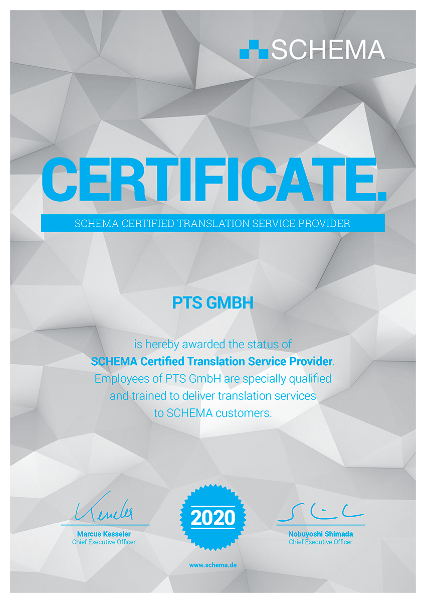Certificate confirming PTS GmbH as a certified translation service provider for the SCHEMA ST4 editorial system.