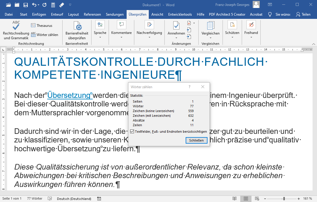 Anzeige der Statistik eines Dokumentes in Microsoft Word 2016