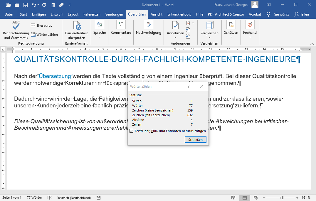 Anzeige der Statistik eines Dokumentes in Microsoft Word 2016