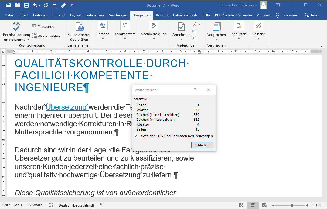 Anzeige der Statistik eines Dokumentes in Microsoft Word 2016