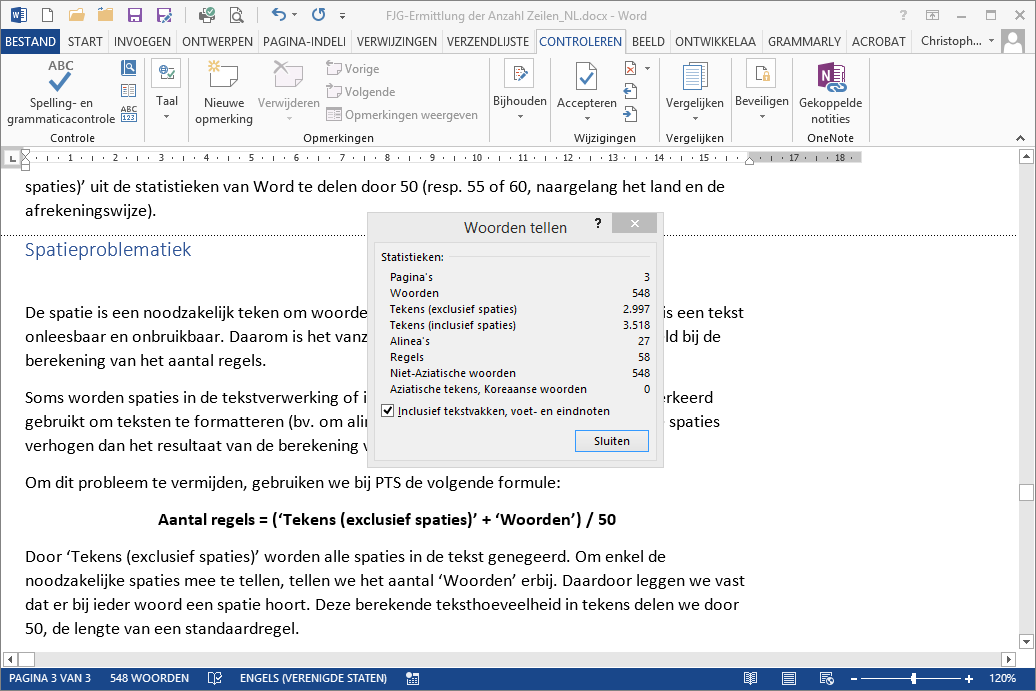 Statistieken in Microsoft Word 2013