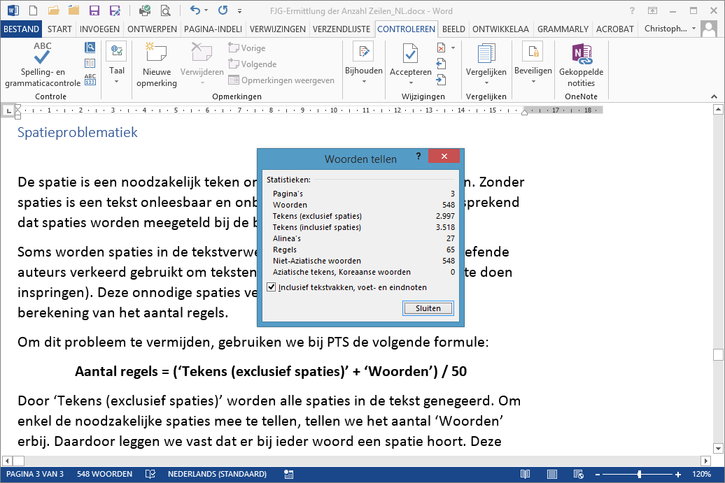 Statistieken in Microsoft Word 2013