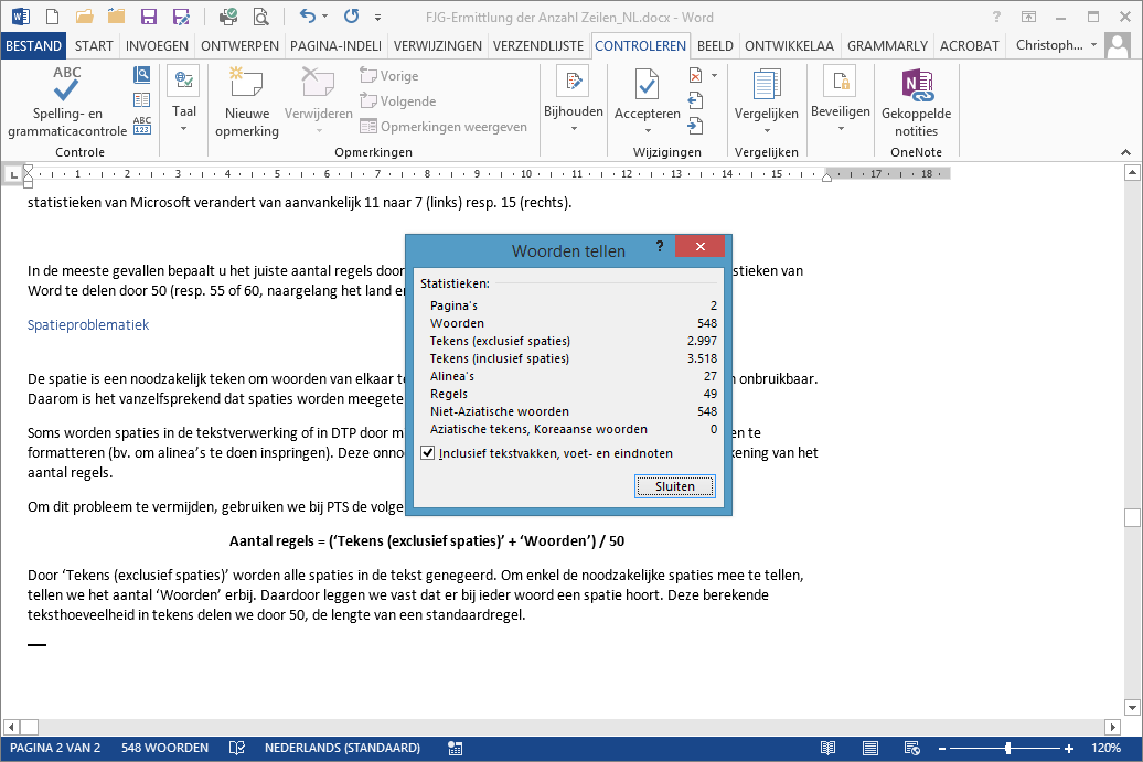 Statistieken in Microsoft Word 2013